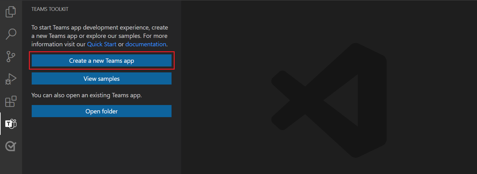 Captura de ecrã a mostrar o botão Criar Novo Projeto na barra lateral do Teams Toolkit.