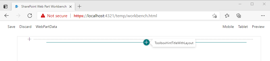 Captura de ecrã a mostrar o workbench do SPFx em execução com o pop-up para adicionar uma peça Web apresentada.