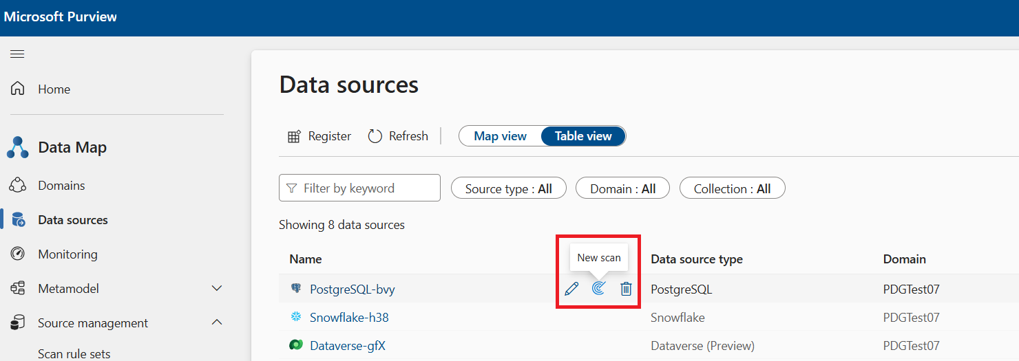 Captura de tela do Mapa de Dados do Microsoft Purview, com o novo botão de verificação selecionado em uma origem registrada.