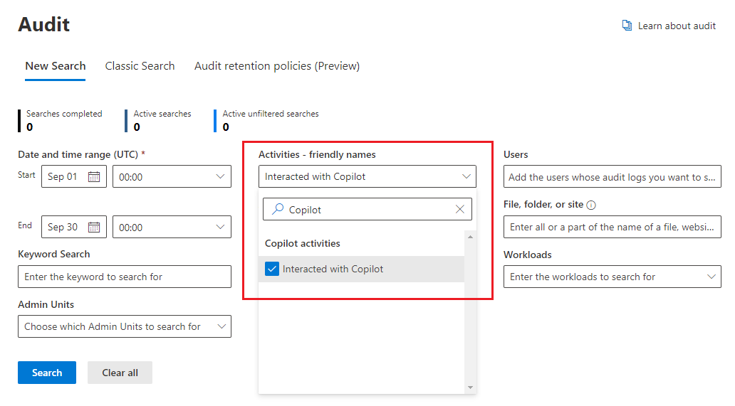 Opções de auditoria para identificar as interações do utilizador com o Microsoft Copilot para o Microsoft 365.
