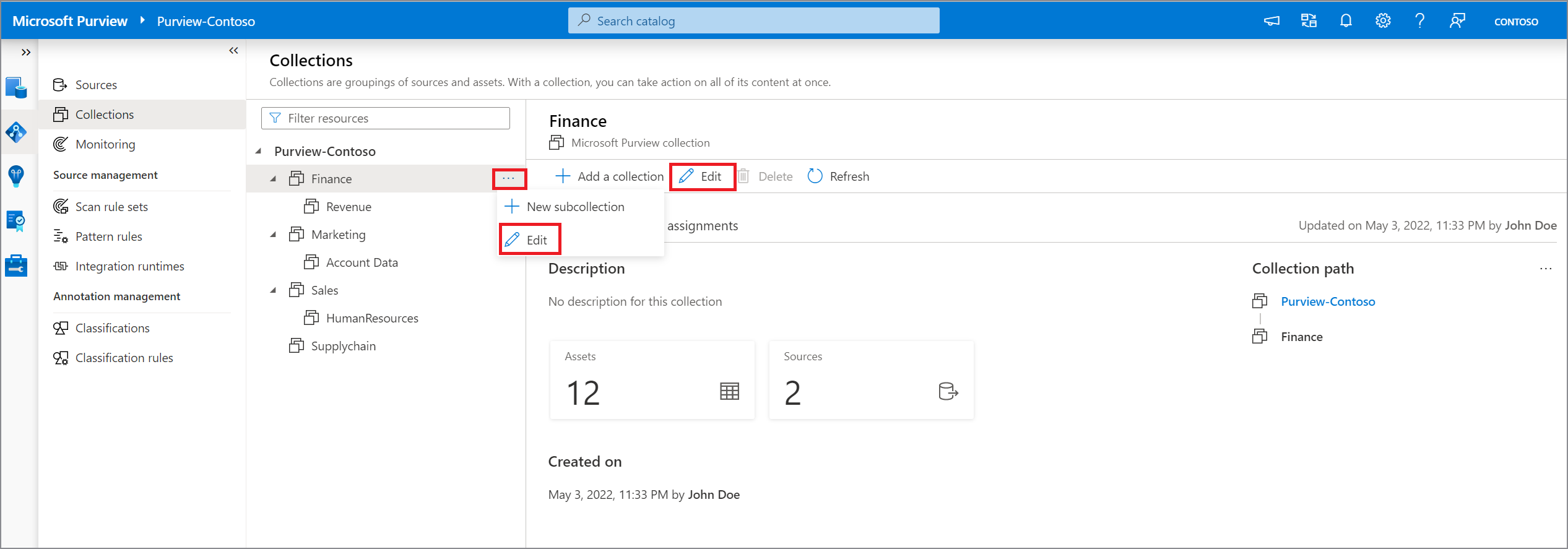 Captura de tela da janela do portal de governança do Microsoft Purview para editar e renomear uma coleção, aberta à janela de coleção, com o botão 'editar' realçado tanto na janela de coleção selecionada quanto no botão de reticências ao lado do nome da coleção.