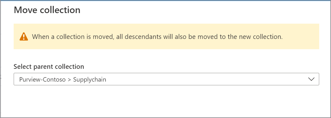 Captura de tela da janela do portal de governança do Microsoft Purview com a janela mover coleção aberta.