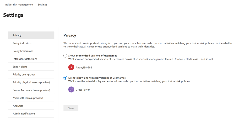 Configurações de privacidade de gerenciamento de risco interno.