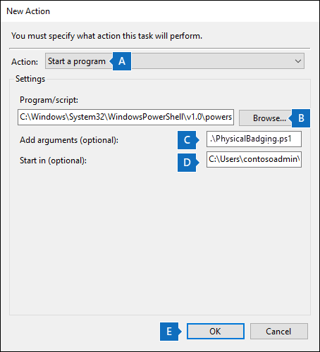 Configurações de ação para criar uma nova tarefa agendada para o script do conector de má configuração física.