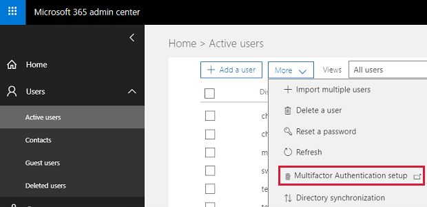 A captura de tela mostra que o M F A pode ser configurado de Centro de administração do Microsoft 365.