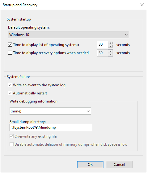 Captura de tela da opção Despejo de memória pequena (256k) na lista Depuração de gravação na janela Inicialização e Recuperação.