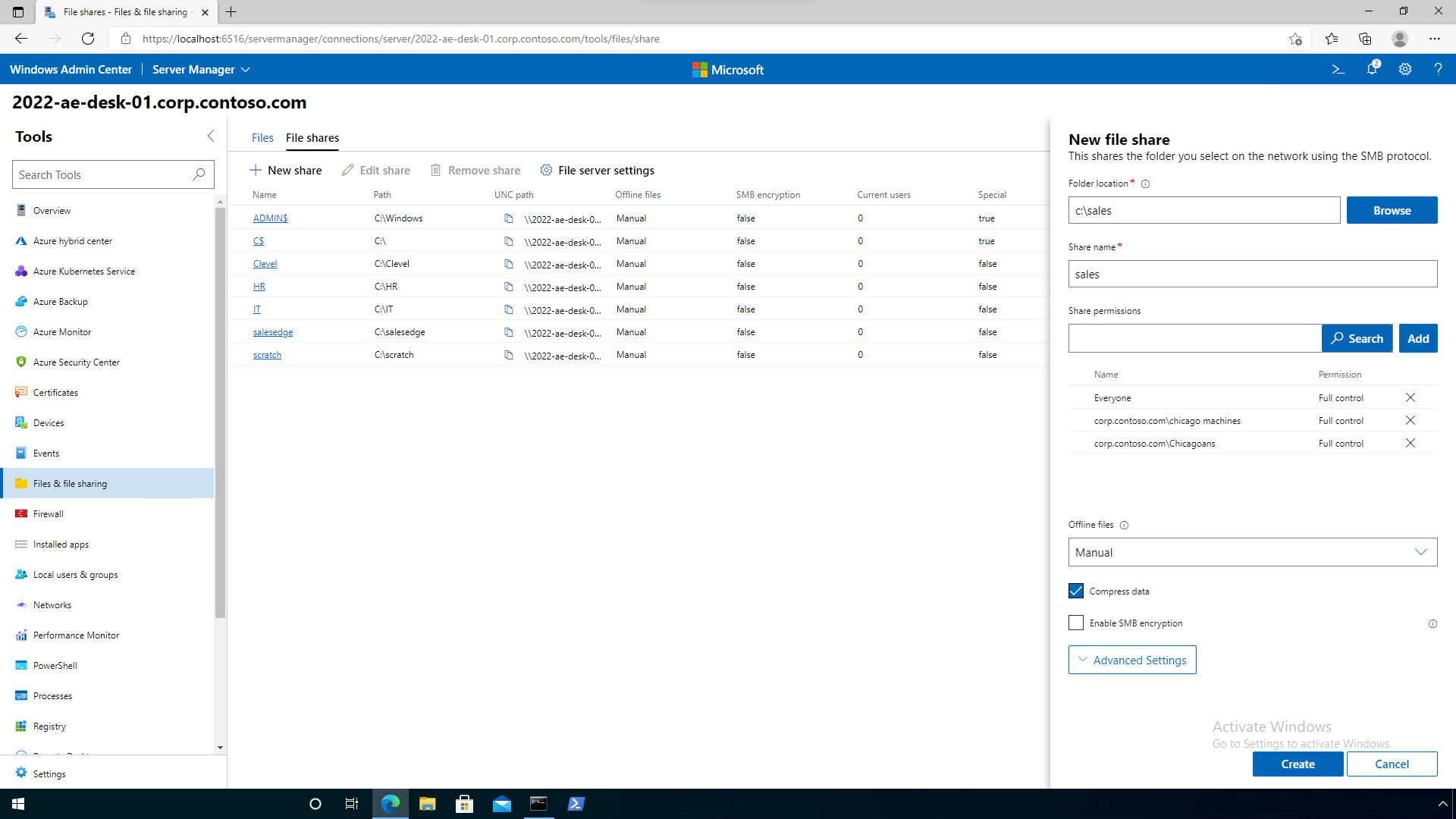 Captura de tela do Windows Admin Center no servidor de arquivos do Windows Server 2022.