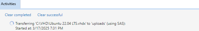 Captura de tela que mostra o painel Atividades com status de upload.