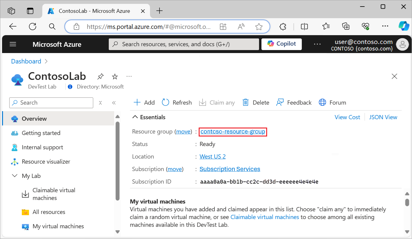 Captura de tela que mostra como selecionar o grupo de recursos para o recurso do DevTest Labs na página Visão geral do laboratório.