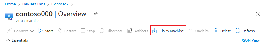 Captura de tela do computador Claim na página visão geral da VM.