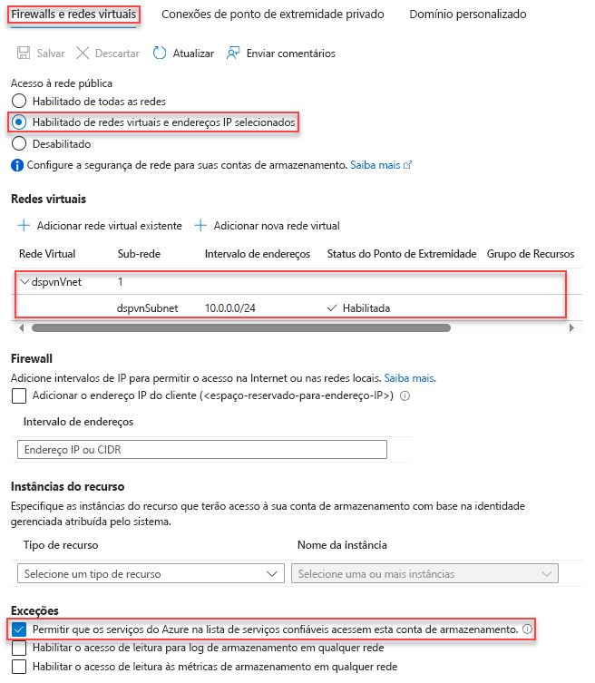 Captura de tela das seleções para configurar uma conta de armazenamento para acessar uma rede privada.
