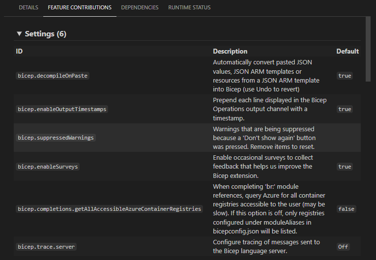 Captura de&nbsp;tela das configurações da extensão Bicep.