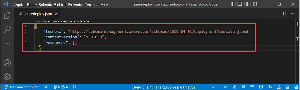 Captura de tela do Visual Studio Code exibindo um modelo arm vazio com estrutura JSON no editor.