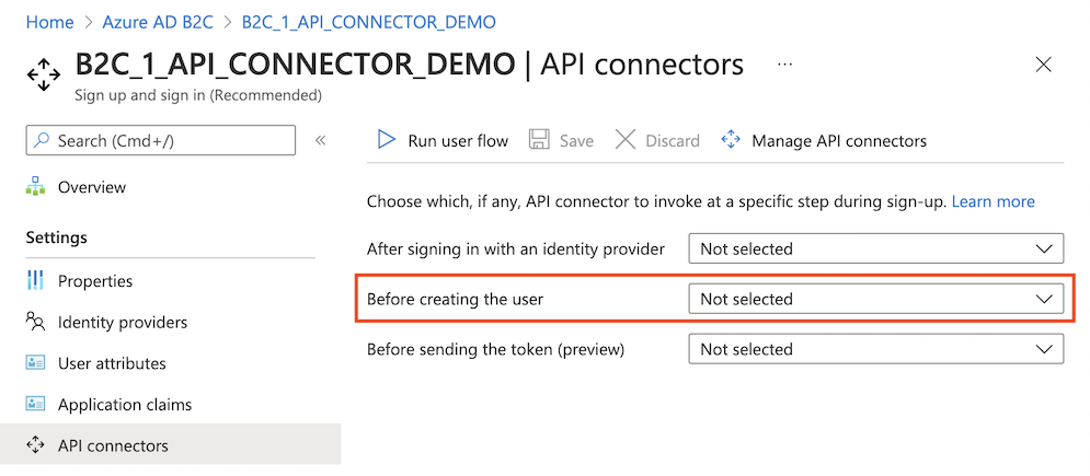 Selecionando um conector de API para uma etapa no fluxo do usuário