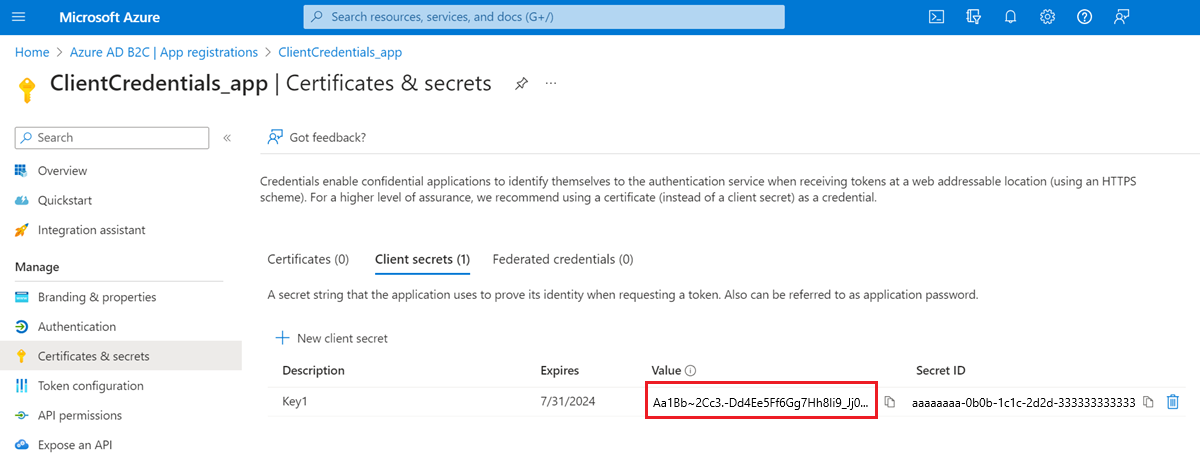 A captura de tela mostra como copiar o segredo do aplicativo.