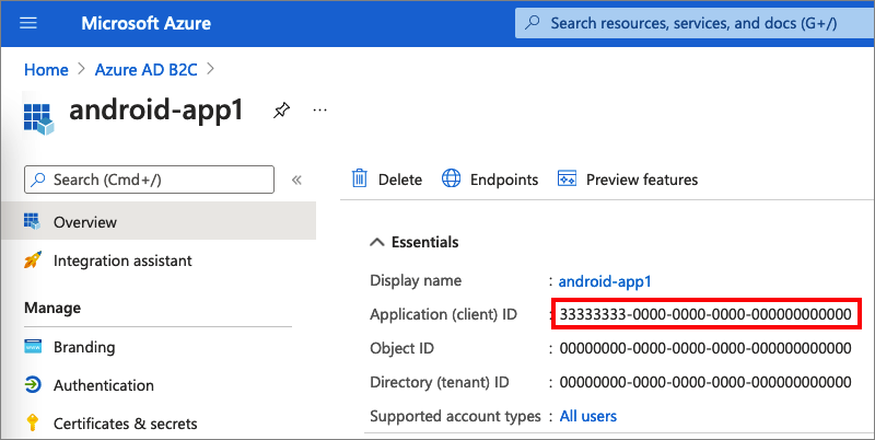 Captura de tela realçando a ID do aplicativo Android