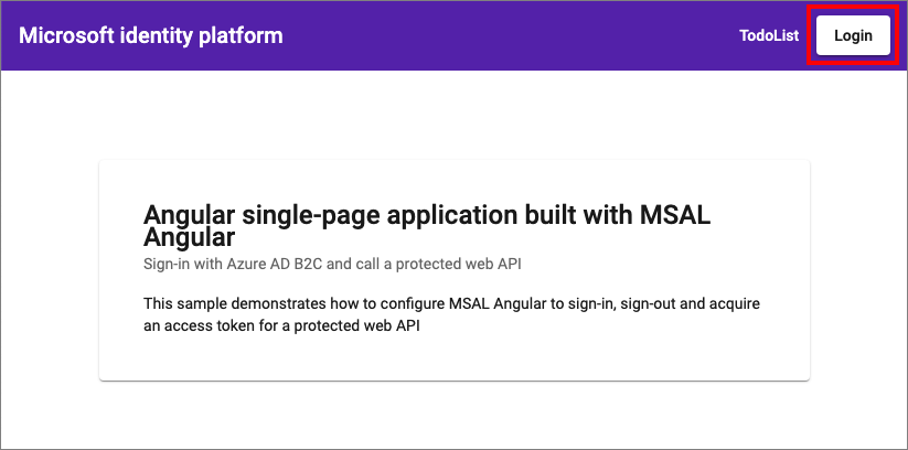 Captura de tela que mostra o aplicativo de exemplo Angular com o link de logon.