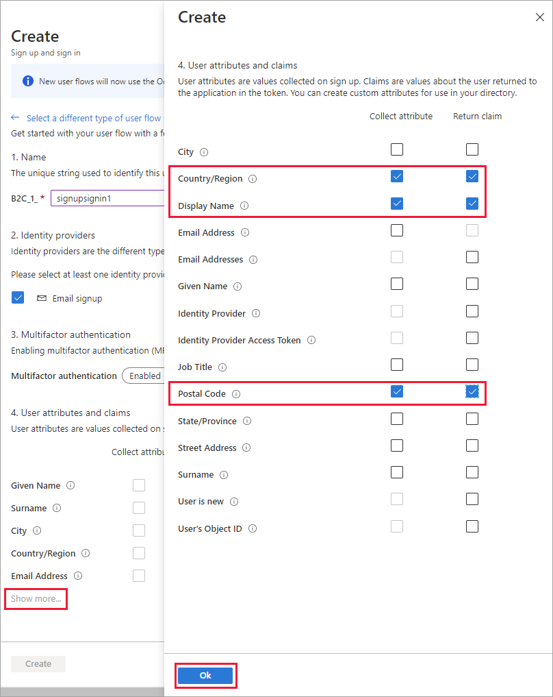 Captura de tela da página de seleção de atributos e declarações do portal do Azure com três declarações selecionadas e realçadas.