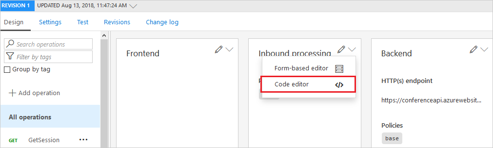 Uma captura de tela que realça o editor de código de API na guia design.