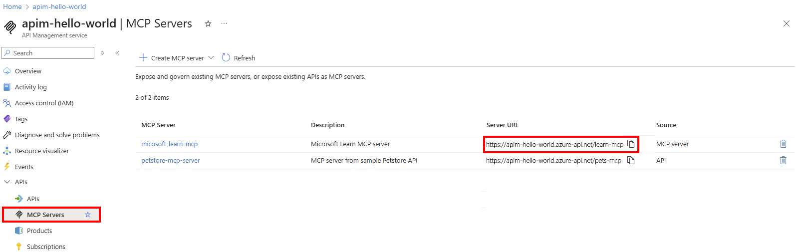 Captura de tela da lista de servidores MCP no portal.