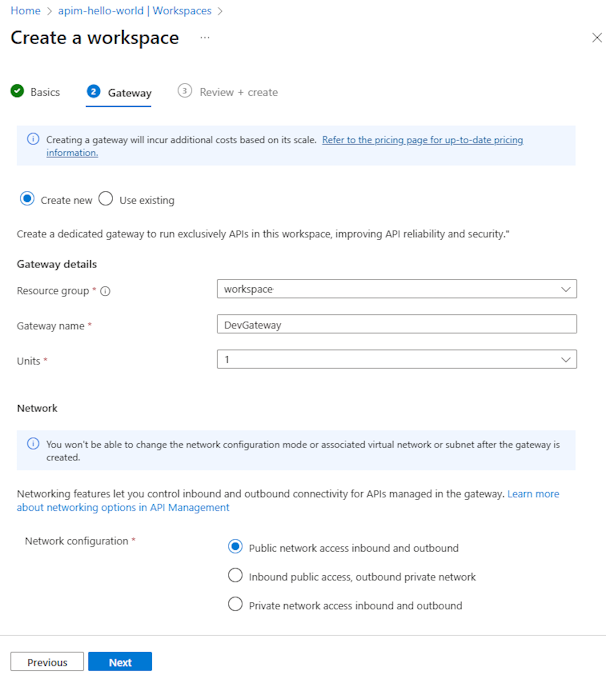 Captura de tela da criação de um gateway de workspace no portal.