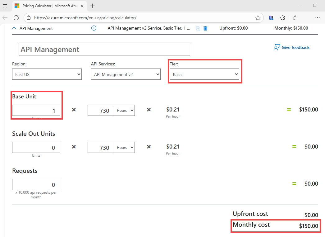 Captura de tela que mostra uma estimativa na calculadora de preços do Azure.
