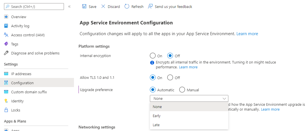 Captura de tela de um painel de configuração para selecionar e alterar sua preferência de atualização para o Ambiente do Serviço de Aplicativo.