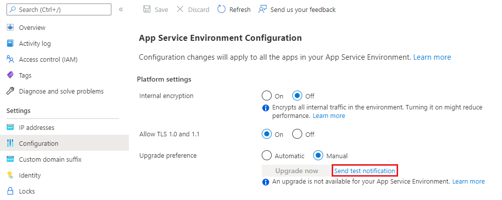 Captura de tela de um painel de configuração para enviar notificações de teste para o Ambiente do Serviço de Aplicativo.