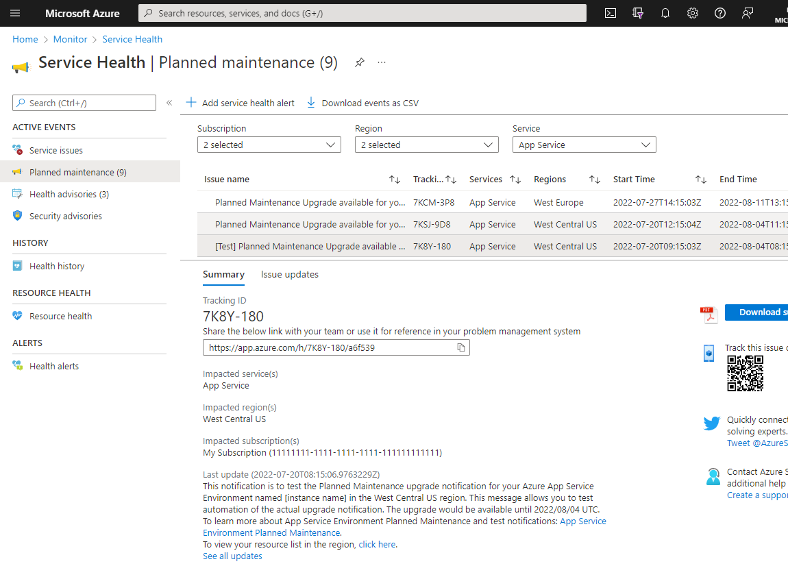 Captura de tela do painel de Integridade do Serviço no portal do Azure.