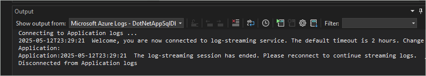 Streaming de log na janela Saída
