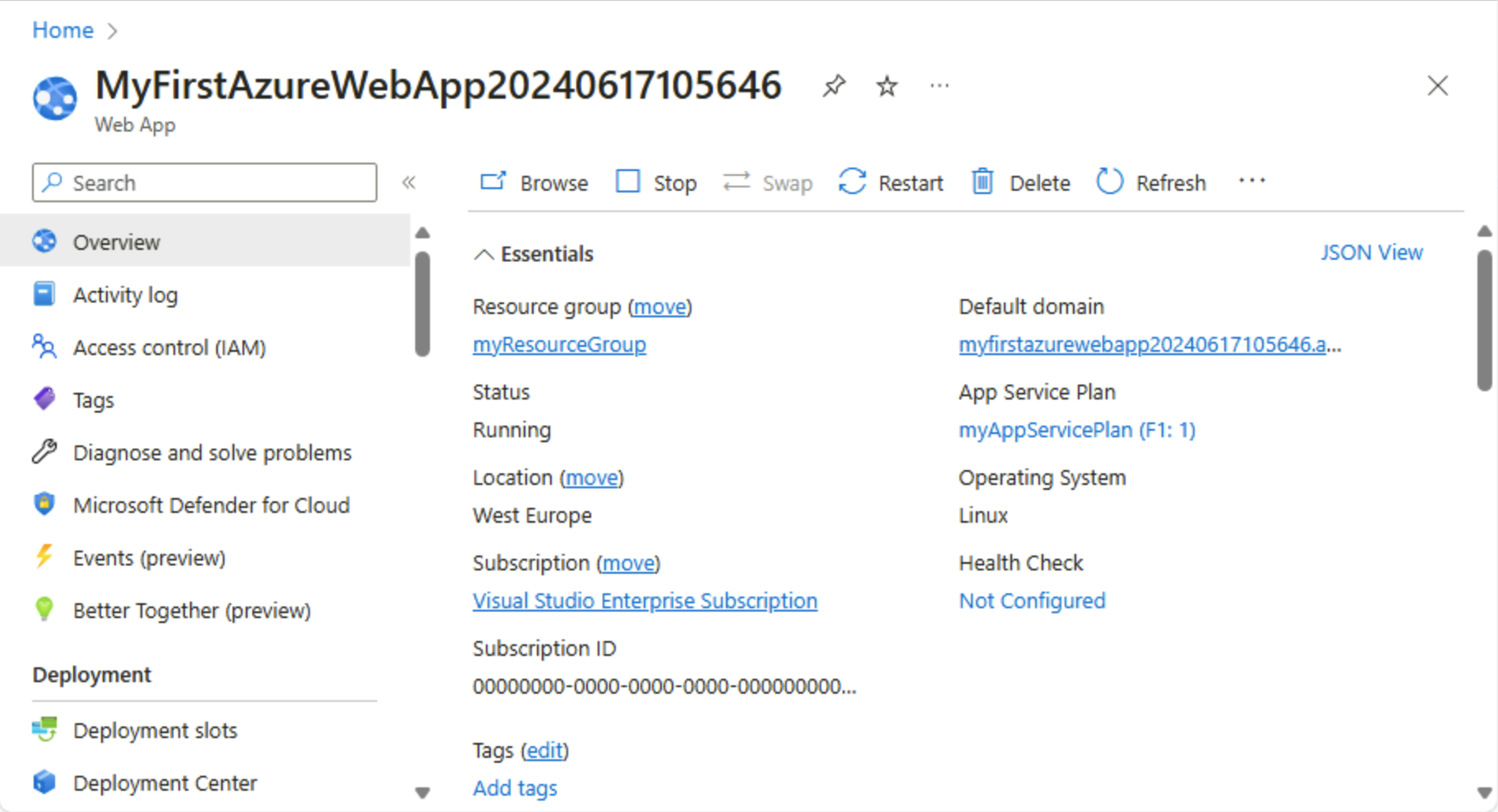 Captura de tela do portal do Azure – página de visão geral do Serviço de Aplicativo.