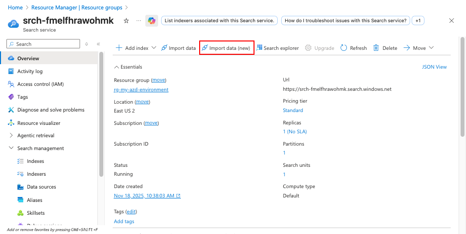 Screenshot mostrando o botão Importar e vetorizar dados em Azure AI Search.