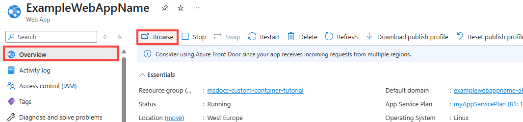 Uma captura de tela mostrando como navegar até o aplicativo Web no portal do Azure.