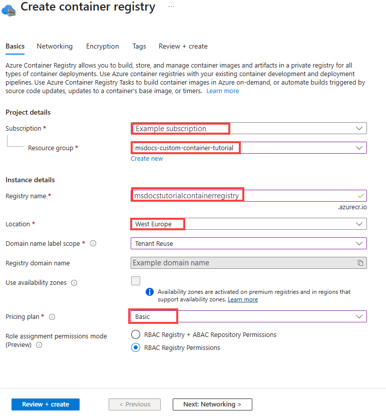 Uma captura de tela mostrando como configurar um novo registro de contêiner no assistente de criação.