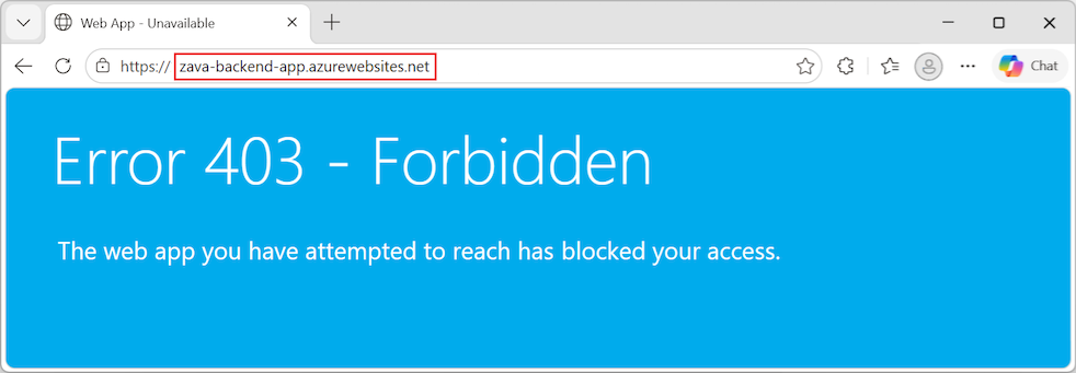 Captura de tela da mensagem do navegador quando o acesso direto ao aplicativo de back-end é proibido.