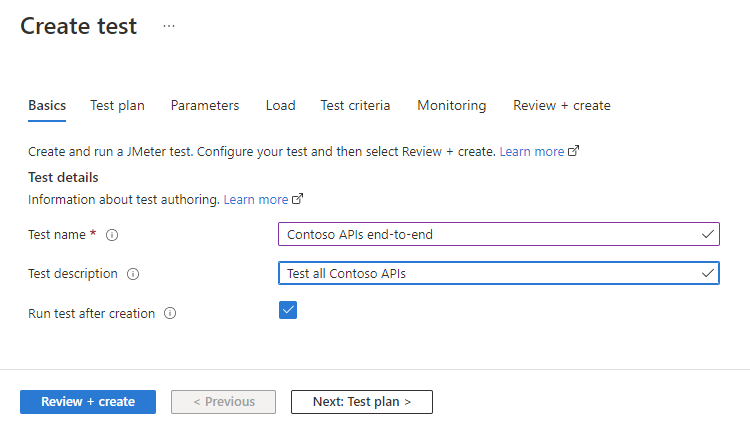 Captura de tela mostrando a página de criação de&nbsp;um teste com um script JMeter no portal do Azure.
