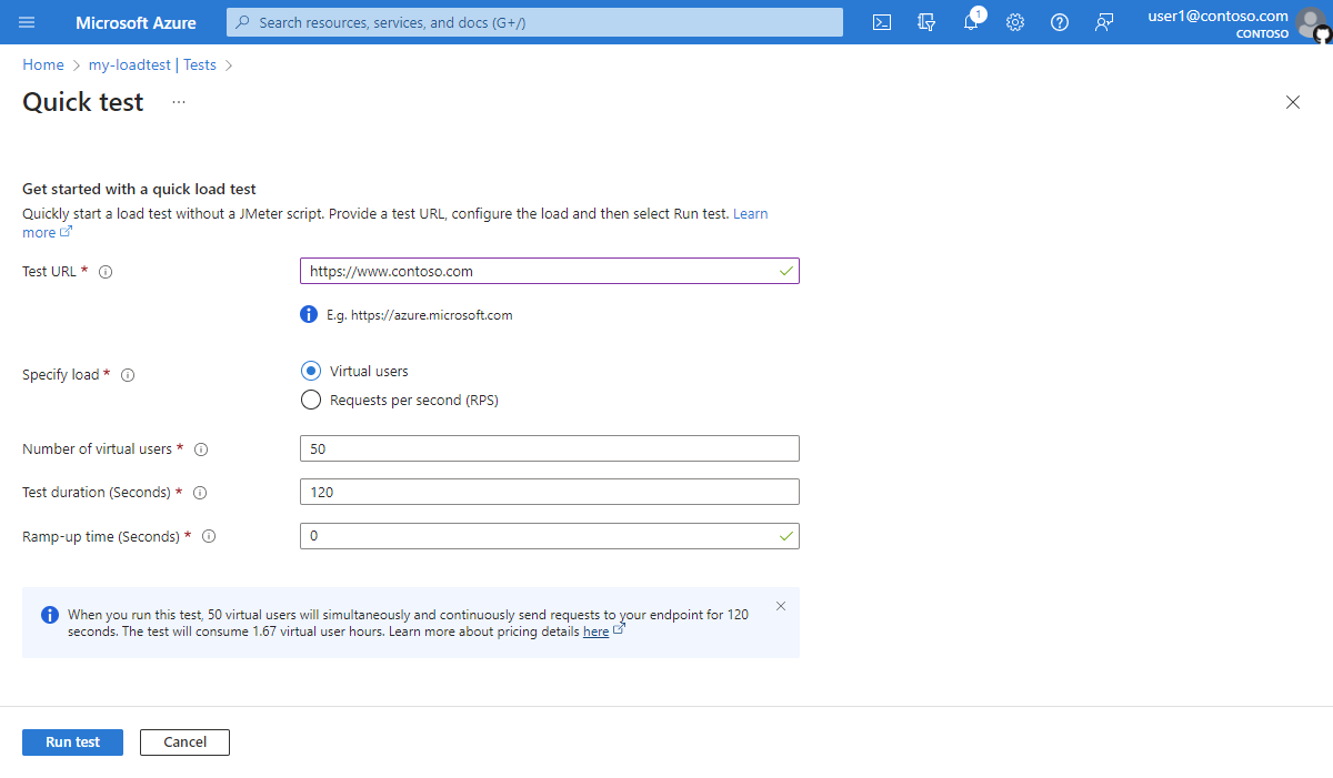 Captura de&nbsp;tela mostrando a página para criar um teste rápido no portal do Azure.