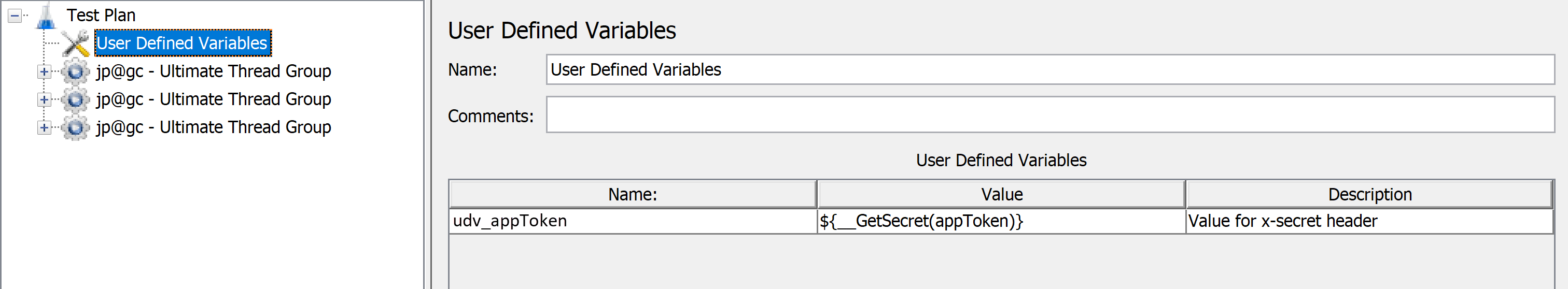 Captura de tela que mostra como adicionar variáveis definidas pelo usuário ao script do Apache JMeter.