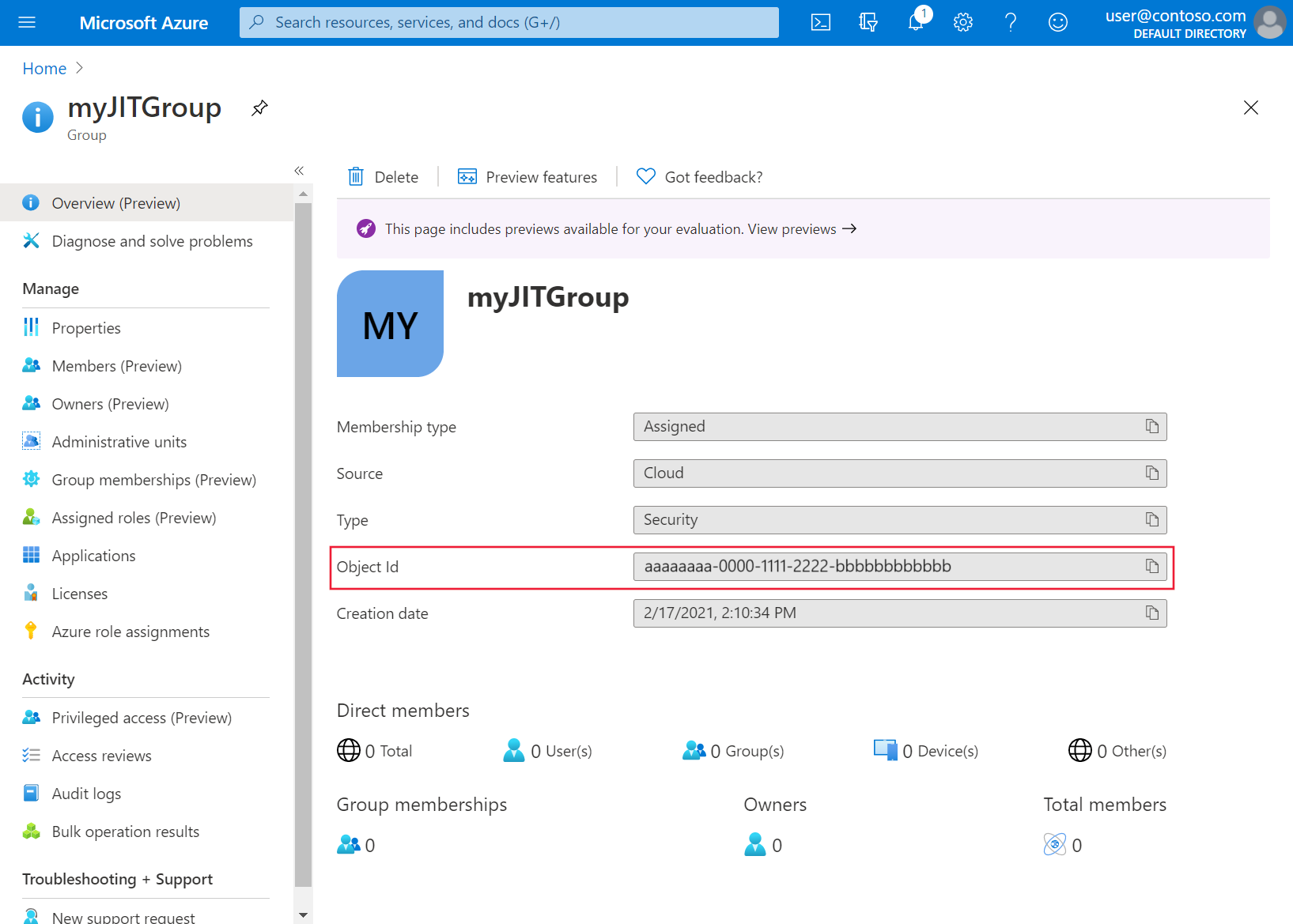Captura de tela mostrando a ID do objeto do novo grupo no portal do Azure.