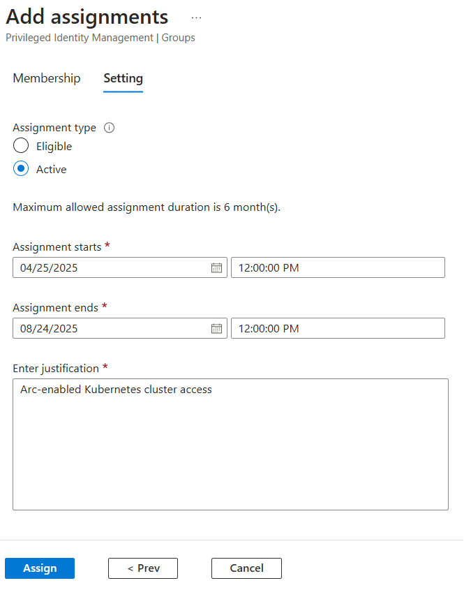 Captura de tela mostrando as propriedades de atribuição no portal do Azure.