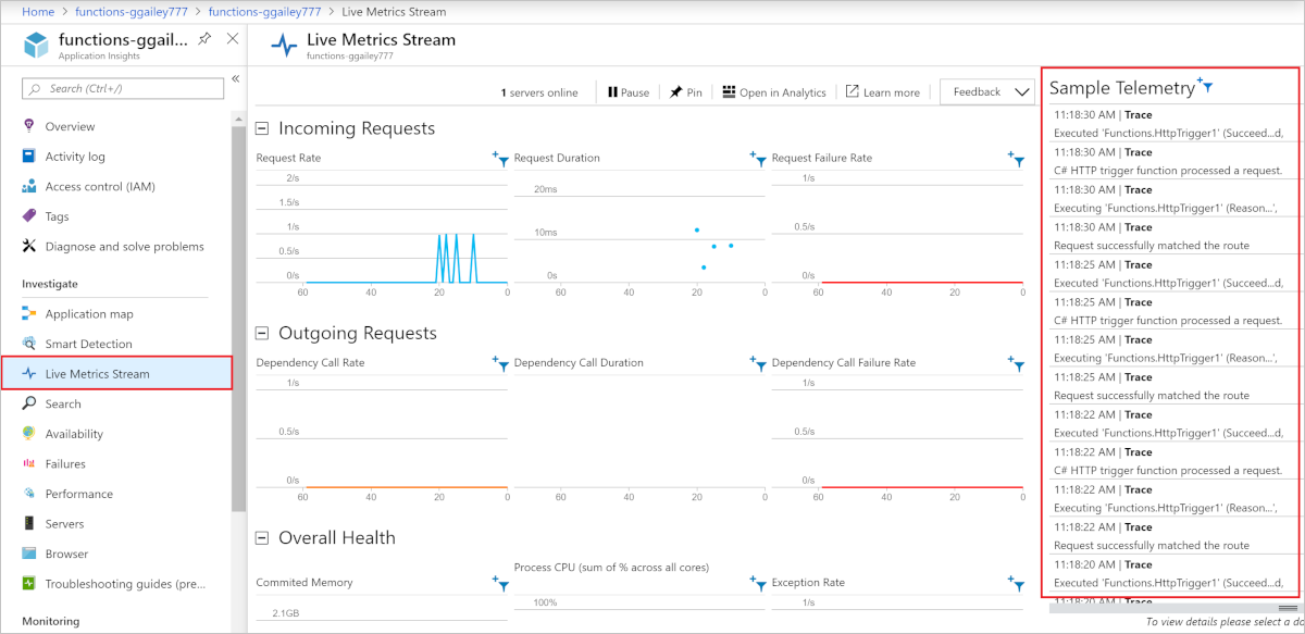Captura de tela mostrando como exibir o Live Metrics Stream no portal.