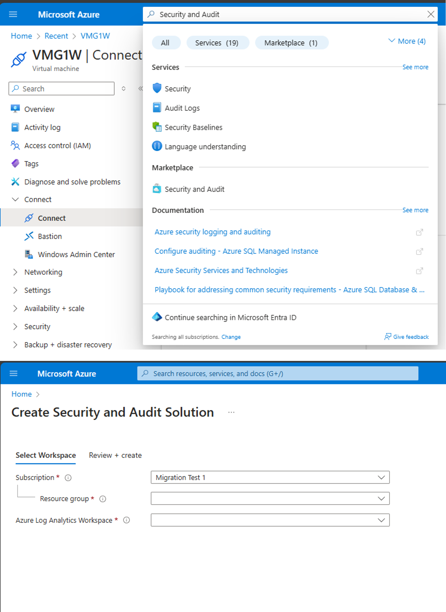 Captura de tela que mostra como adicionar a solução de Segurança e Auditoria.
