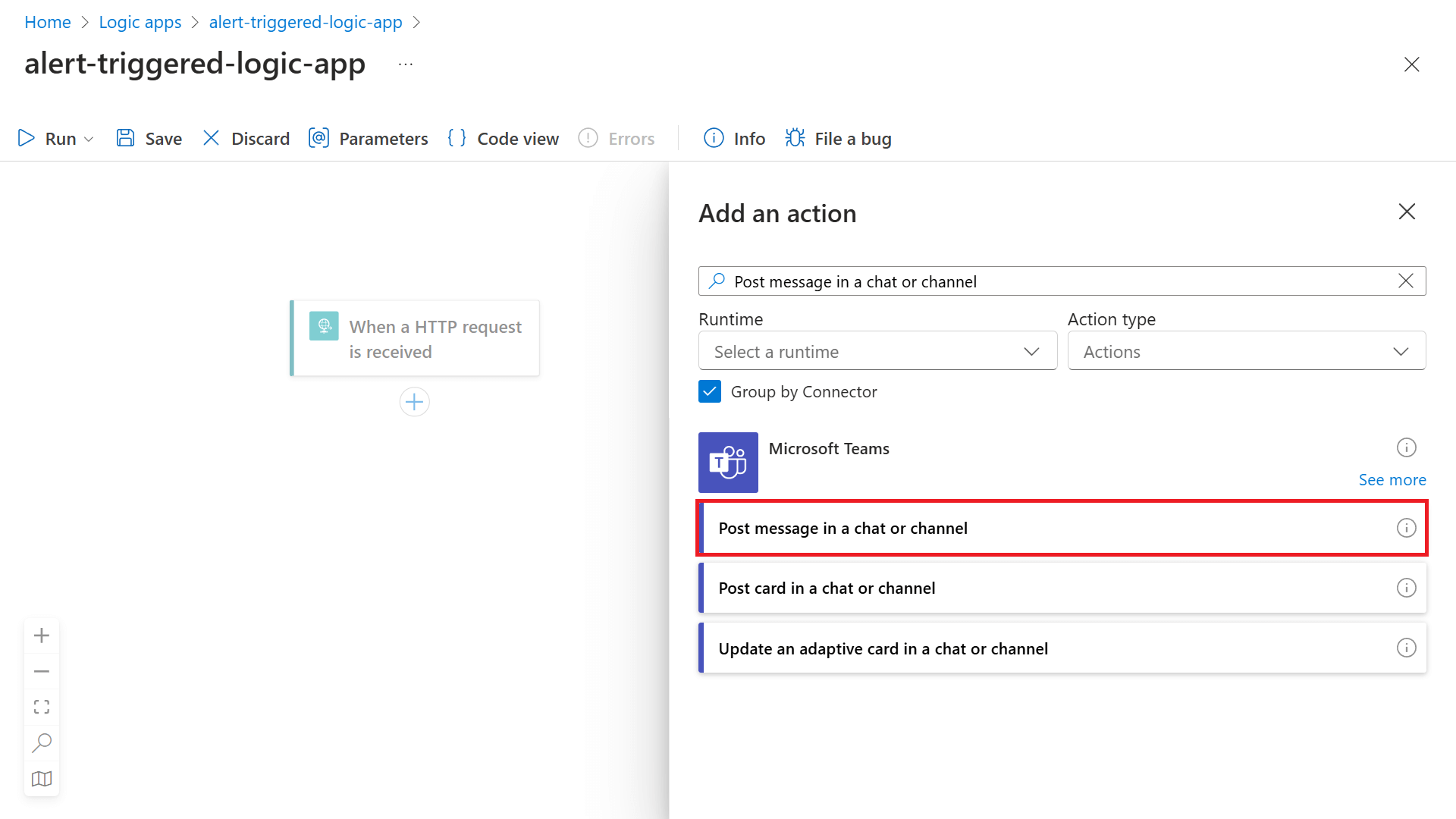 Captura de tela que mostra a página Adicionar uma ação do Designer de Aplicativos Lógicos com o Microsoft Teams selecionado.