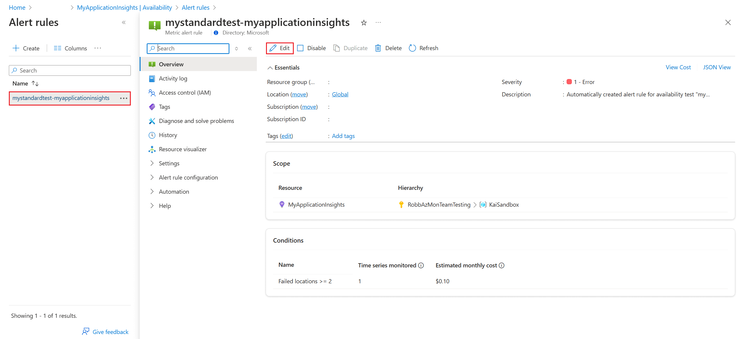 Captura de tela mostrando uma página de regra de alerta no portal do Azure com Editar realçado.