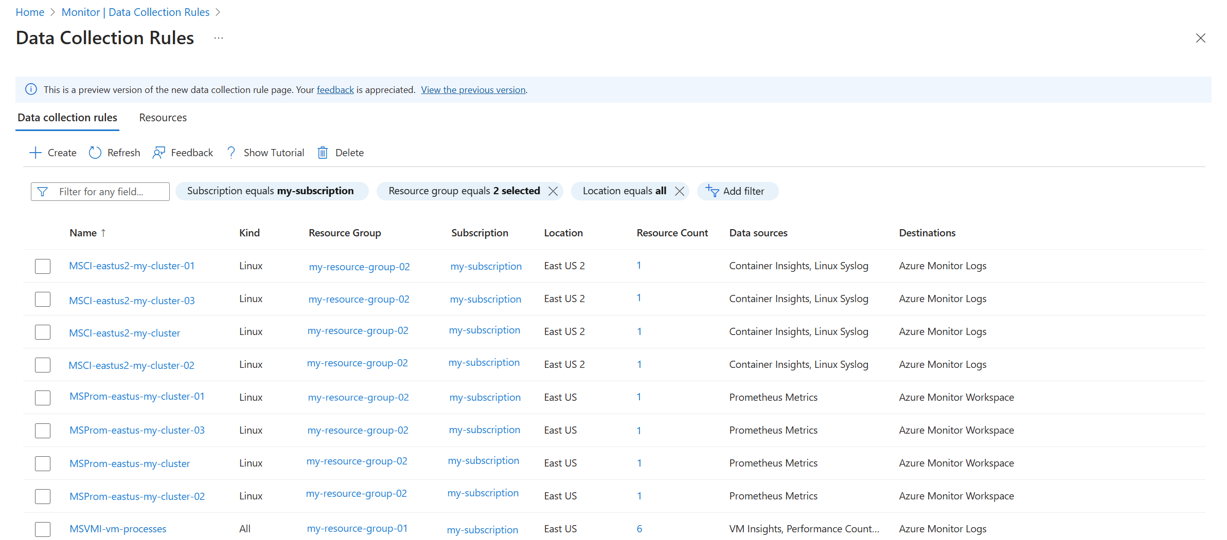 Captura de tela da exibição de regras de coleta de dados na experiência de versão prévia para DCRs no portal do Azure.