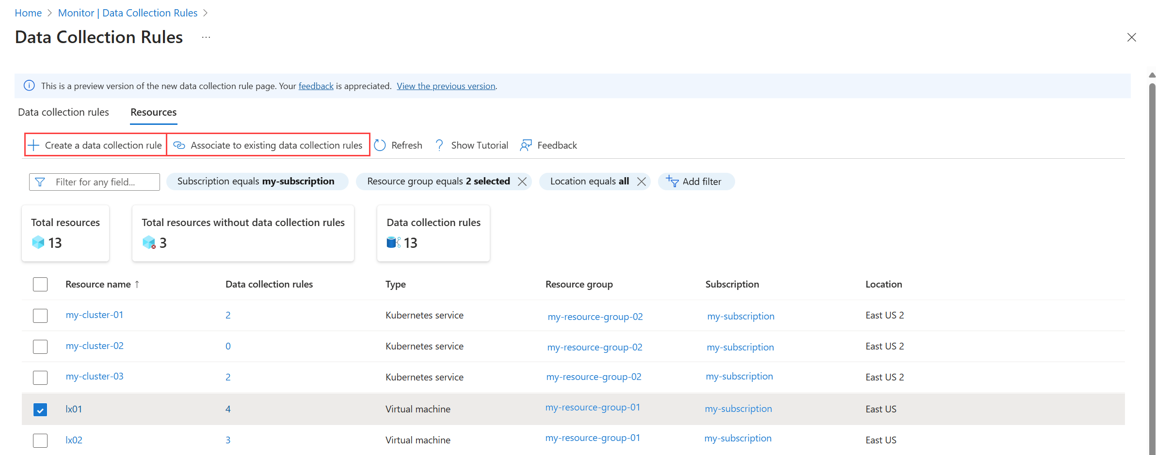 Captura de tela do botão Criar associação na exibição Recursos na experiência de versão prévia para DCRs no portal do Azure.
