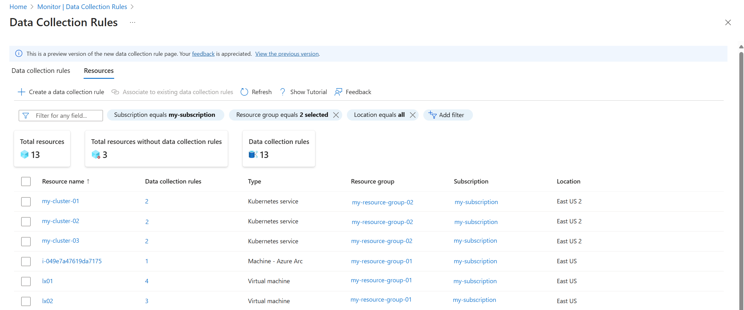 Captura de tela de exibição Recursos na experiência de versão prévia para DCRs no portal do Azure.