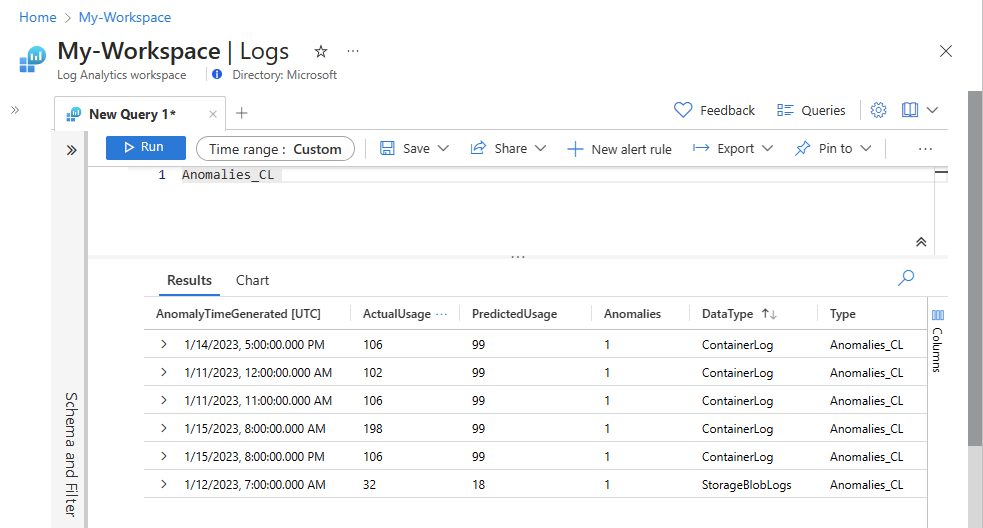 Captura de tela que mostra uma consulta no Log Analytics em uma tabela personalizada na qual os resultados da análise do bloco de anotações foram ingeridos.