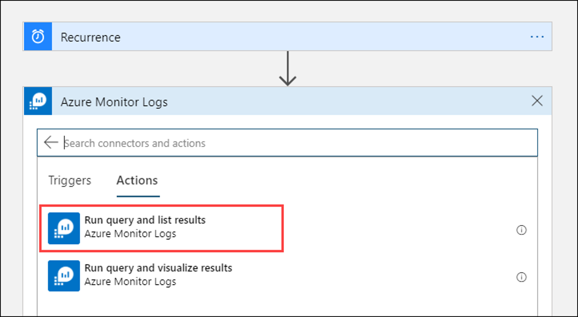 Captura de tela que mostra os logs do Azure Monitor destacados em Escolher uma ação.