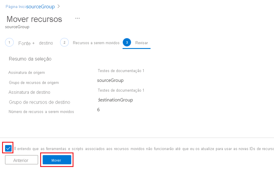 Captura de tela do portal do Azure em que o usuário reconhece a necessidade de atualizar ferramentas e scripts antes de iniciar a operação de movimentação.